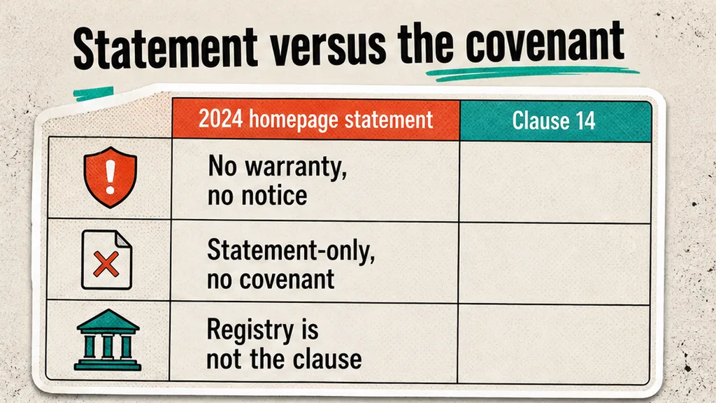Homepage MSA statement versus Clause 14 covenant; a registry hit is not the clause, no face