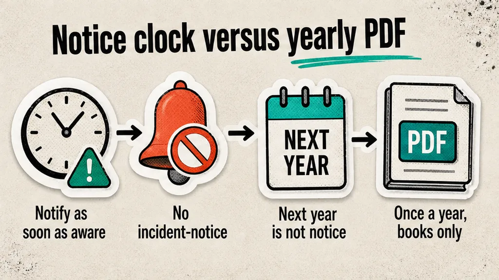 Notify-as-soon-as-aware clock versus next year’s statement; no incident-notice, no face