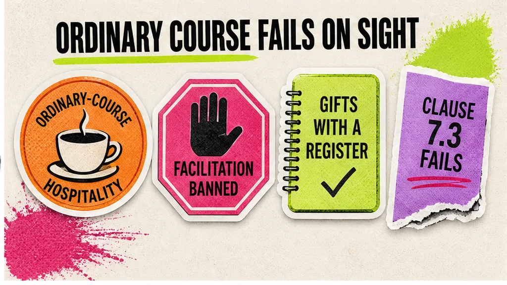 Ordinary-course hospitality versus named gifts, register, and a facilitation-payment ban, no face