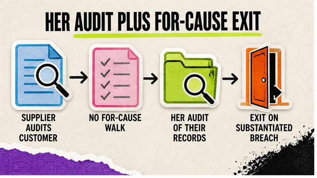 Supplier audits Customer books versus her ABC audit of their records plus for-cause exit, no face