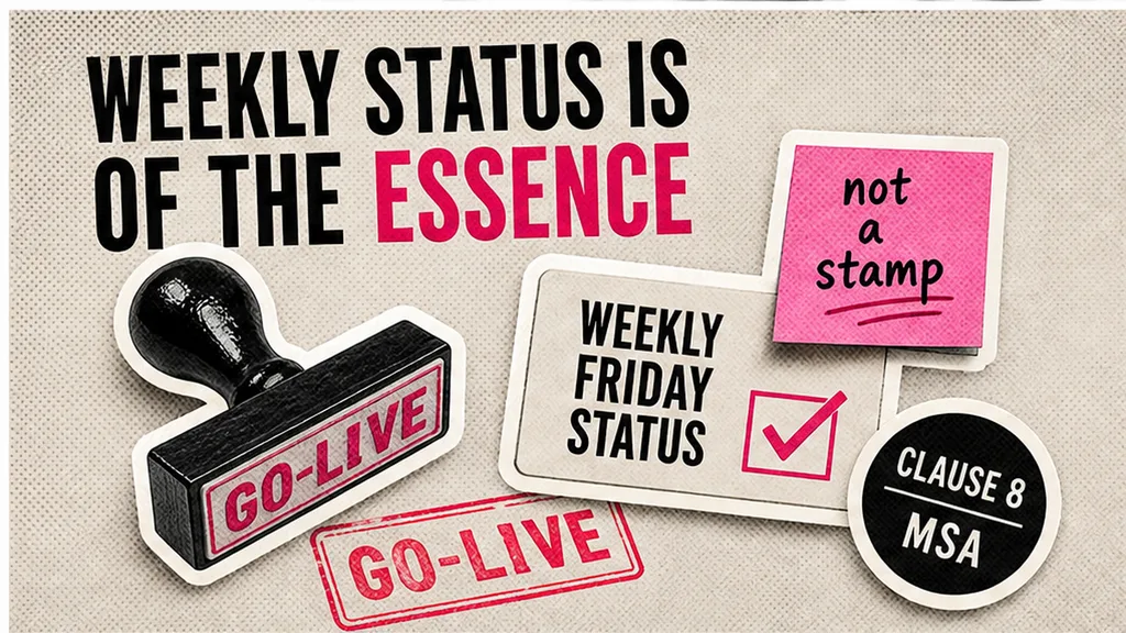 Weekly Friday status of the essence beside a Go-Live stamp, Clause 8 MSA, no face