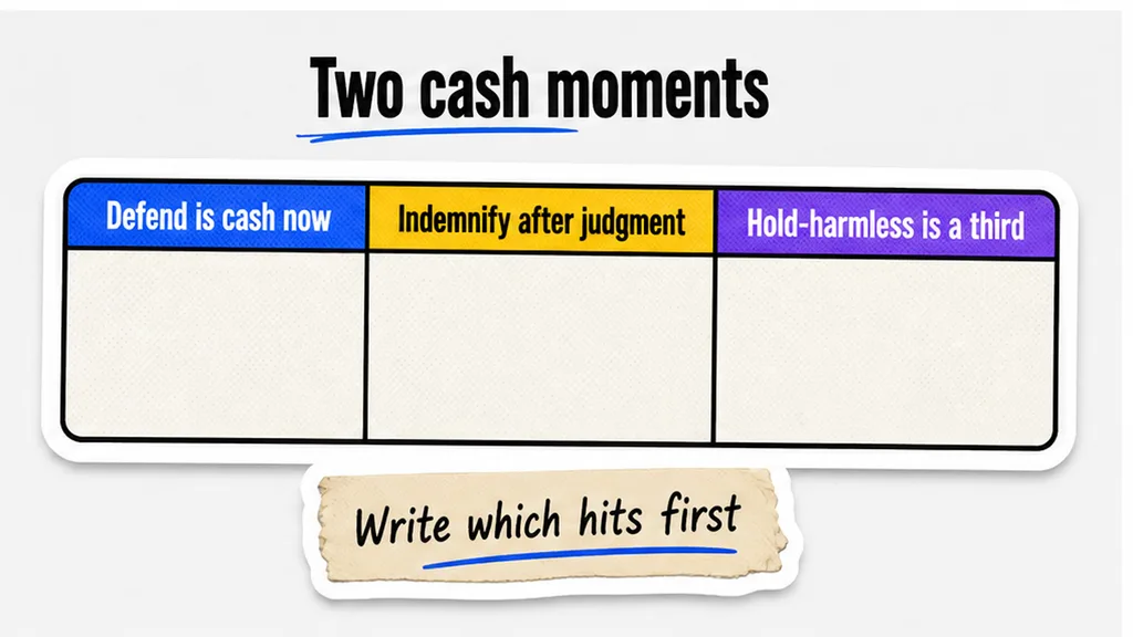 Two cash moments: defend now versus indemnify after judgment, no face