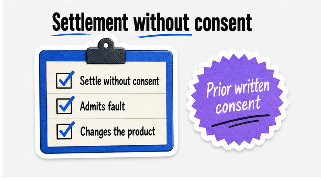Settlement without consent can admit fault or change the product, no face