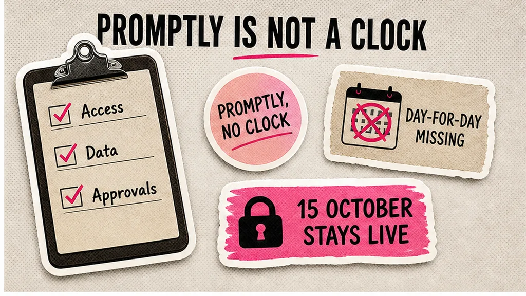Promptly-only access, data, approvals with no day-for-day clock, no face