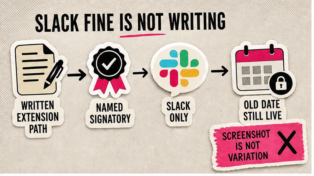 Slack fine versus signed variation; old date still live, no face