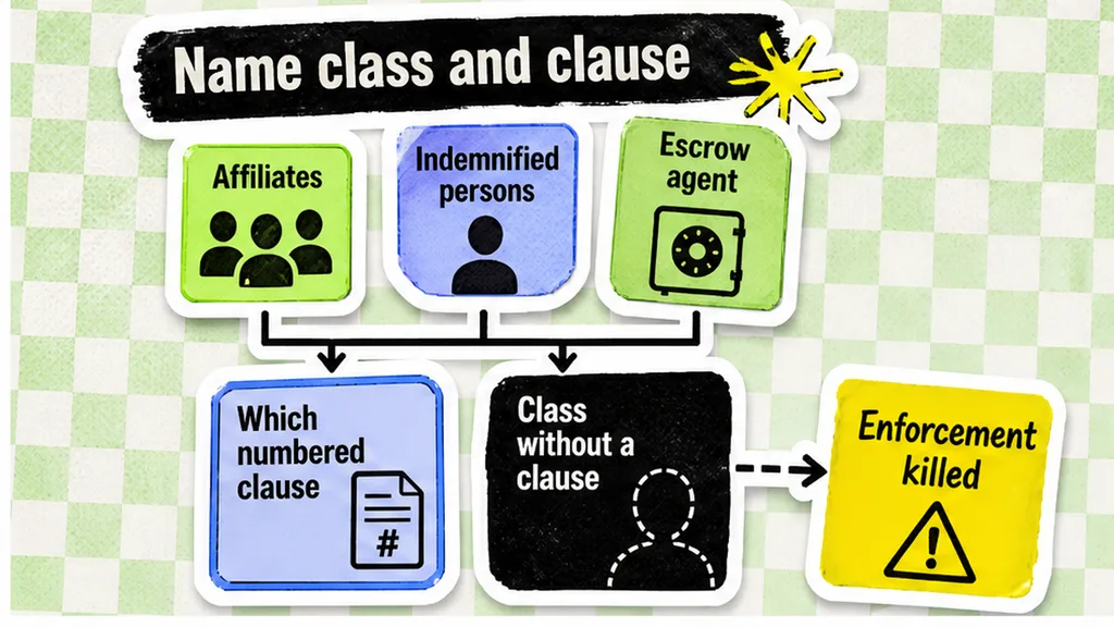 Named-exception box for Affiliates, indemnified persons, and escrow agent against numbered clauses, no face