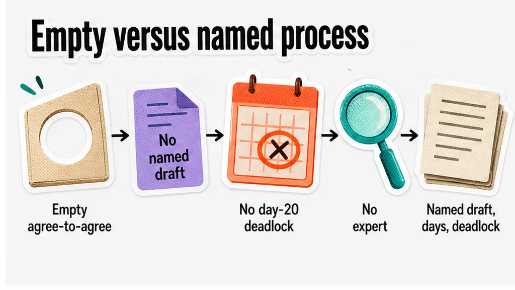 Empty endeavours-to-agree runbook line versus a named draft, day-20 deadlock, and expert box, no face