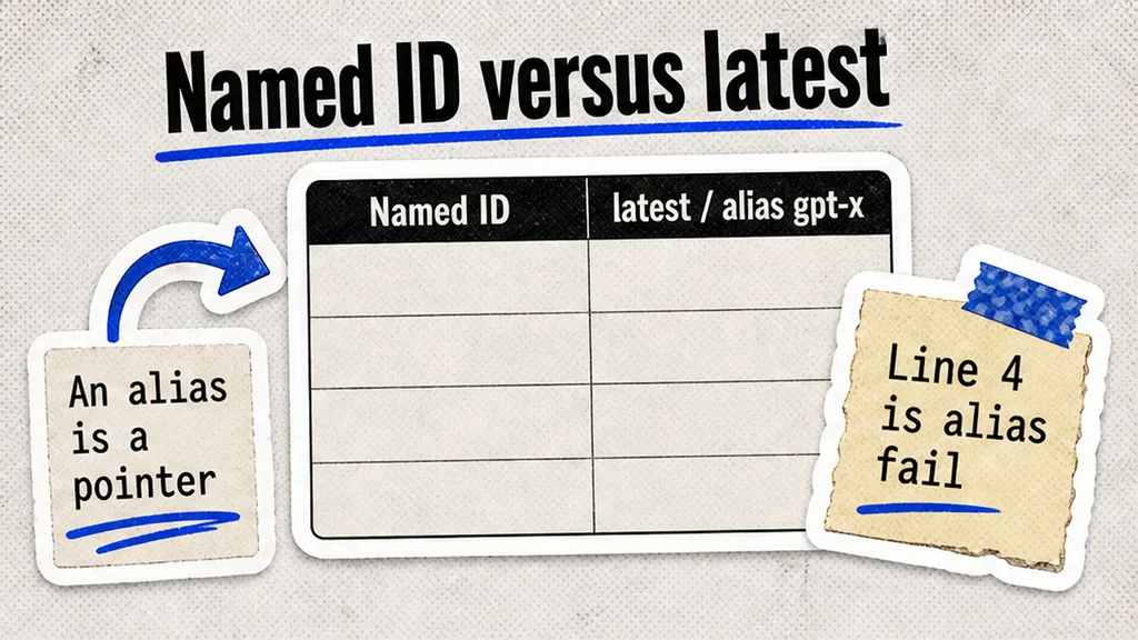 Named model ID versus latest alias pointer on an order form, no face