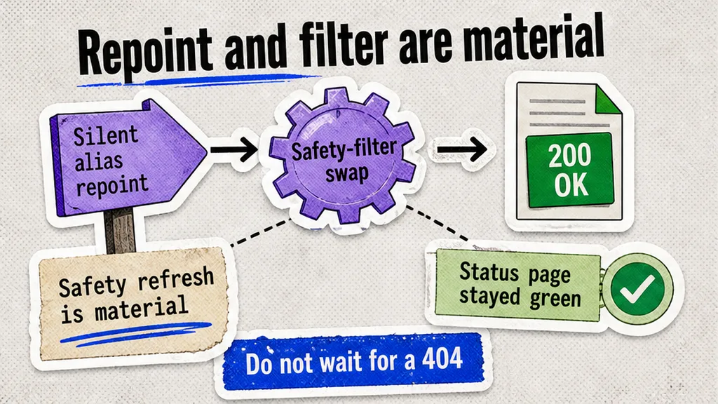 Silent alias repoint and safety-filter swap marked material, HTTP 200, no face