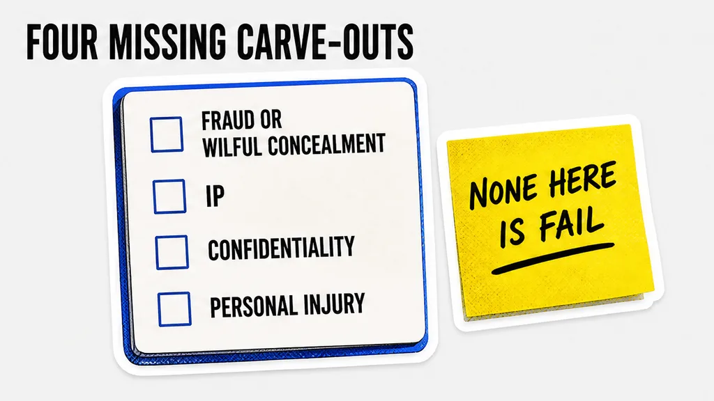 Fraud, IP, confidentiality and personal-injury carve-out boxes, no face