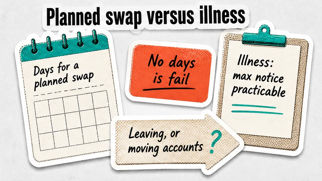 Notice-days row for a planned swap versus illness, no face