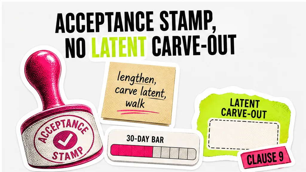Acceptance stamp with a defects-period bar and a latent-defect carve-out, no face