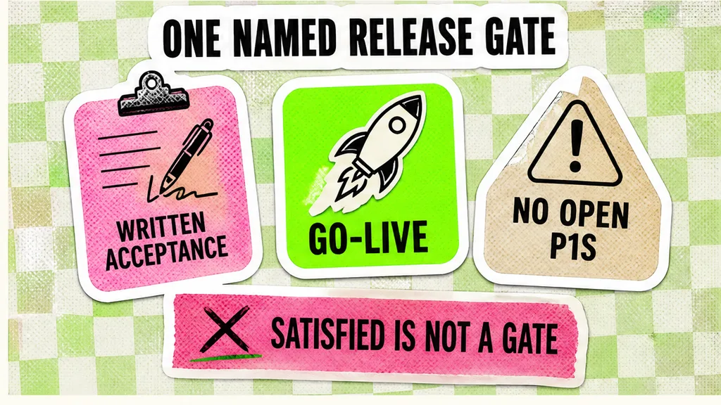 Acceptance, go-live, and no-open-P1s as three separate release gates, no face