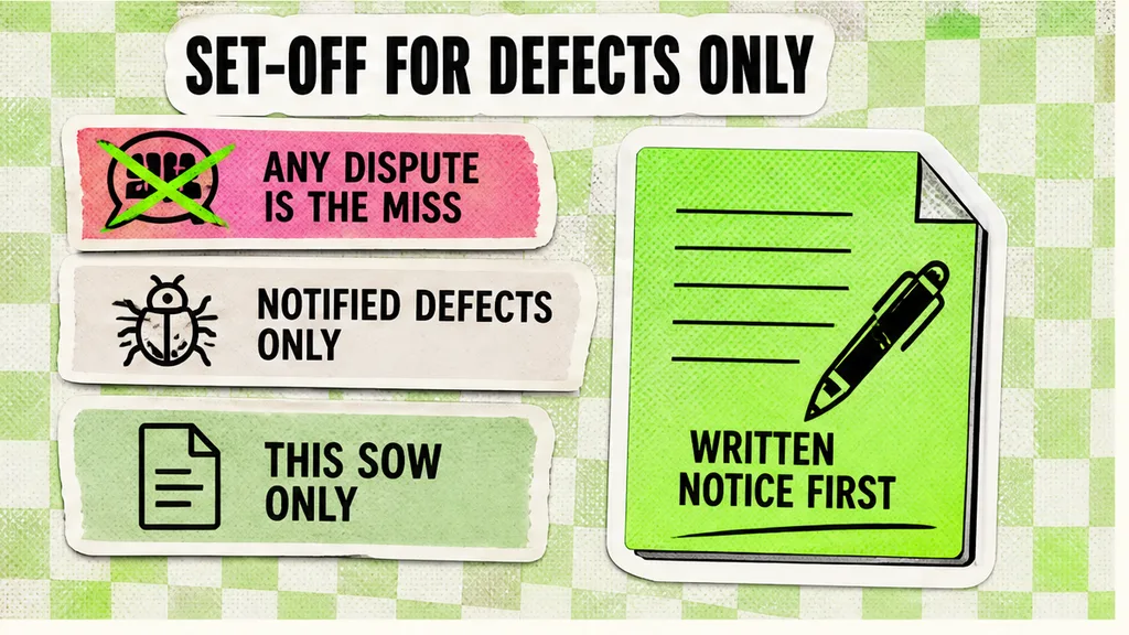 Set-off limited to notified defects on this SOW, any-dispute line crossed out, no face