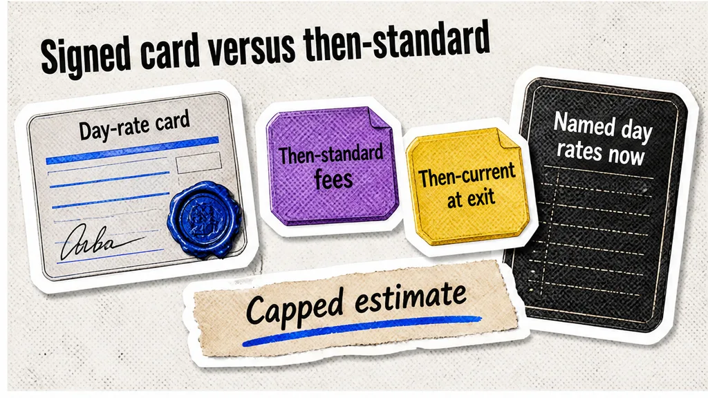 Signed day-rate card versus then-standard fees, no face