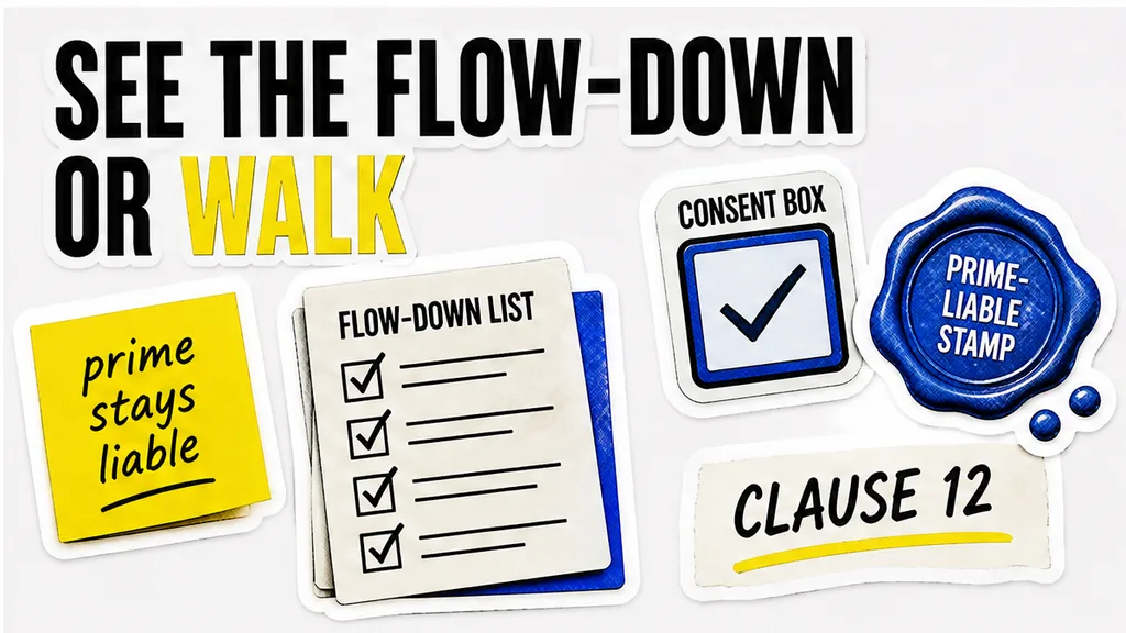 Editorial collage: flow-down list, consent box, prime-liable stamp and Clause 12