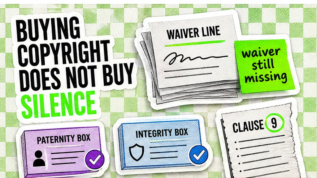 Editorial collage: waiver line, paternity box, integrity box and Clause 9