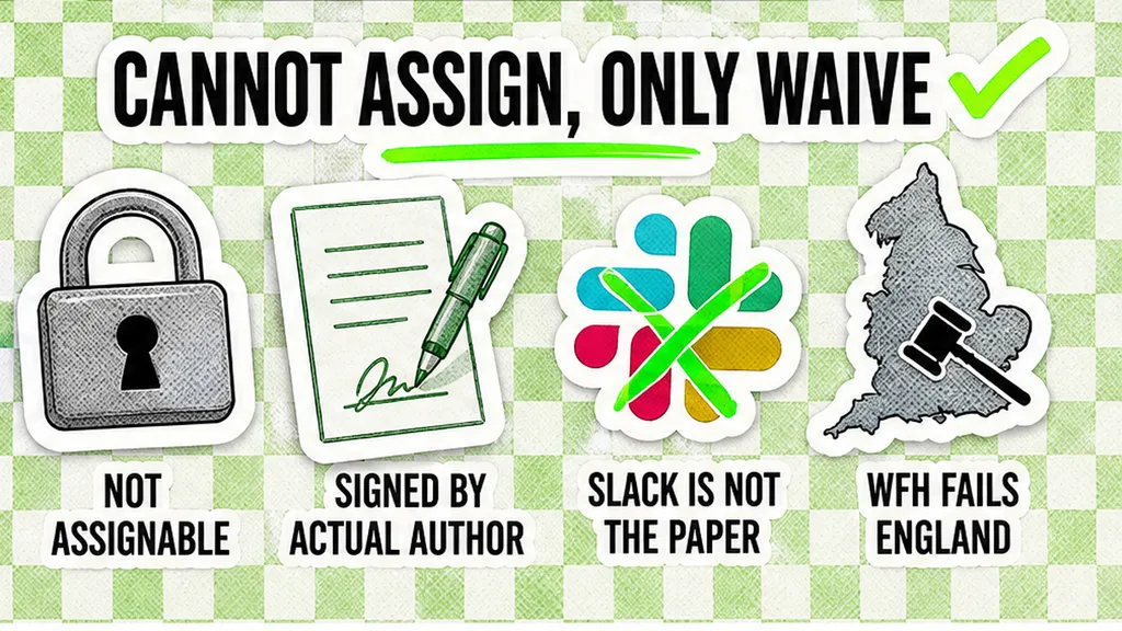Checklist that moral rights cannot be assigned, only waived in writing by the author