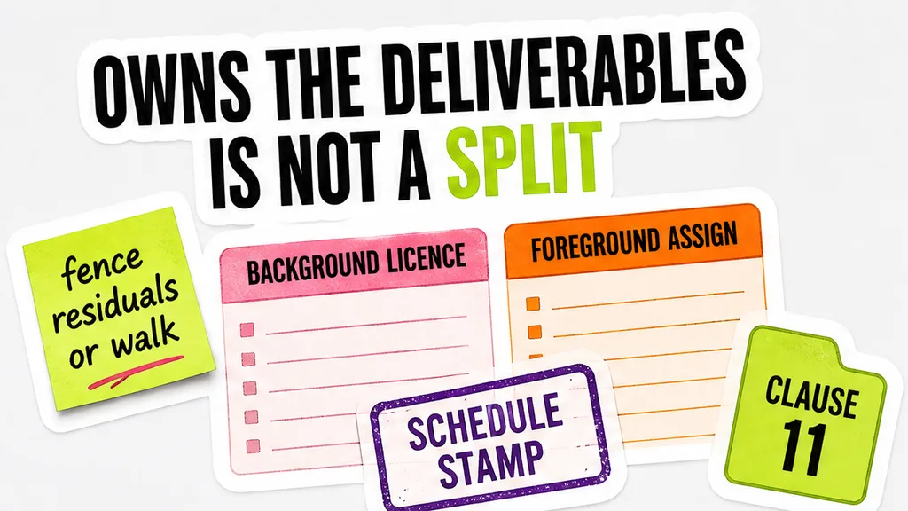Two columns Background licence versus Foreground assign, with a Schedule stamp and Clause 11 circled