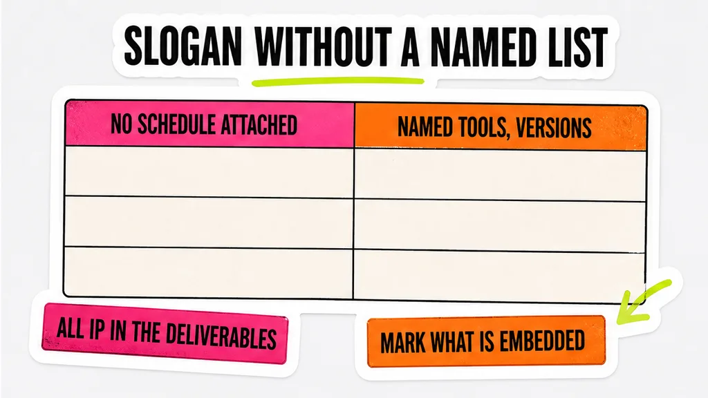 Comparison of a slogan with no schedule versus a named Background list of tools and versions
