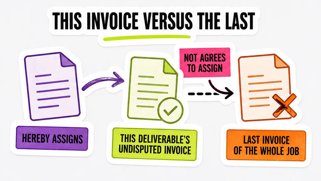 Workflow from hereby assigns on this Deliverable invoice versus title on the last invoice of the whole job