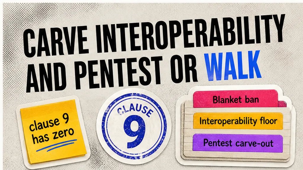 Clause 9 circled on a licence: blanket reverse-engineering ban versus interoperability floor and pentest carve-out