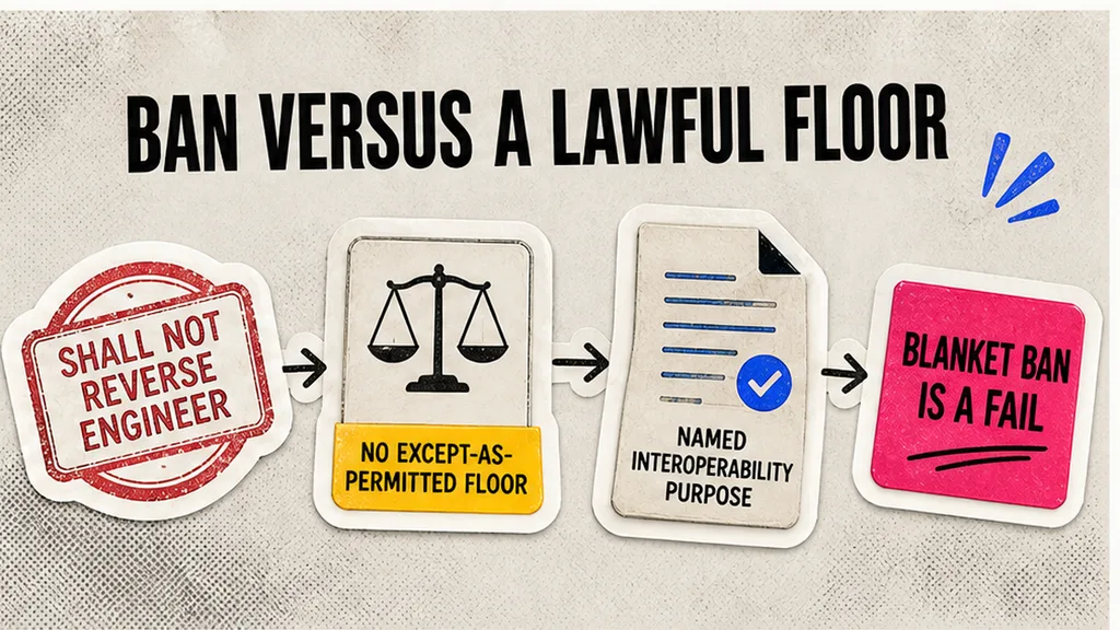 Workflow from circling clause 9 through a lawful-exception floor to a named interoperability purpose