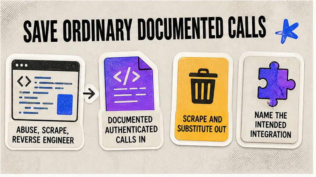 Checklist saving documented authenticated API calls while scrape and reverse-engineer endpoints stay out