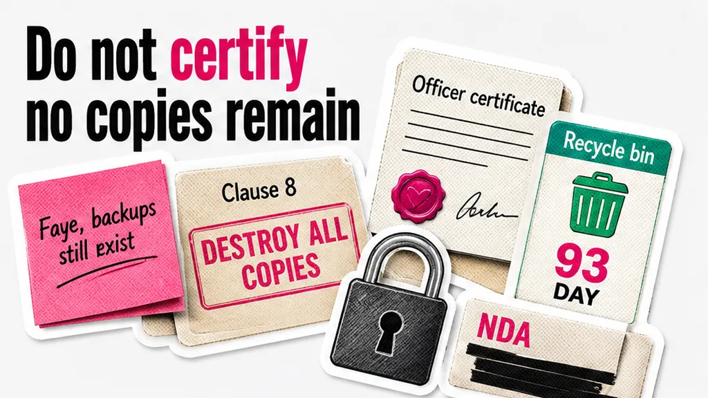 Clause 8 destroy-all certificate beside a recycle-bin lag card, return versus destroy