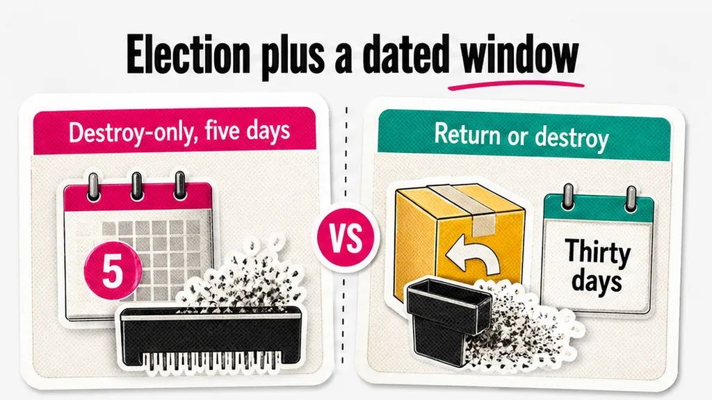 Return-or-destroy election with a dated window versus a five-day destroy-only clause