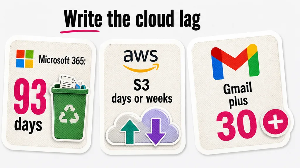Cloud deletion lag in days: Microsoft 365 93-day recycle bin, S3 days or weeks, Gmail plus 30