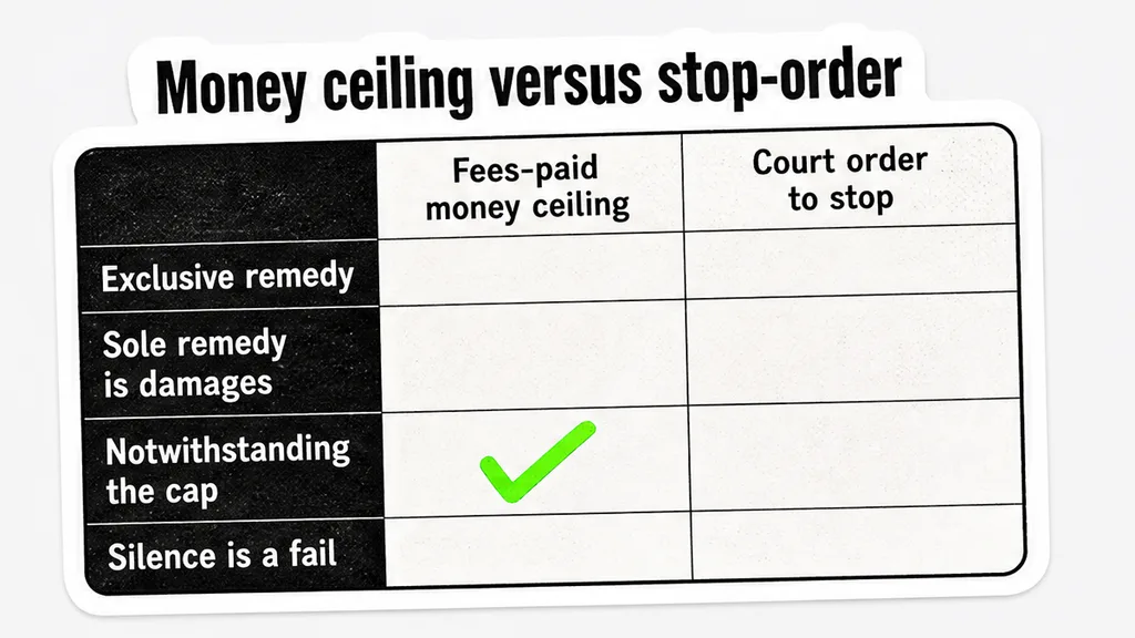 Split of a fees-paid liability cap as a money ceiling from a court order to stop