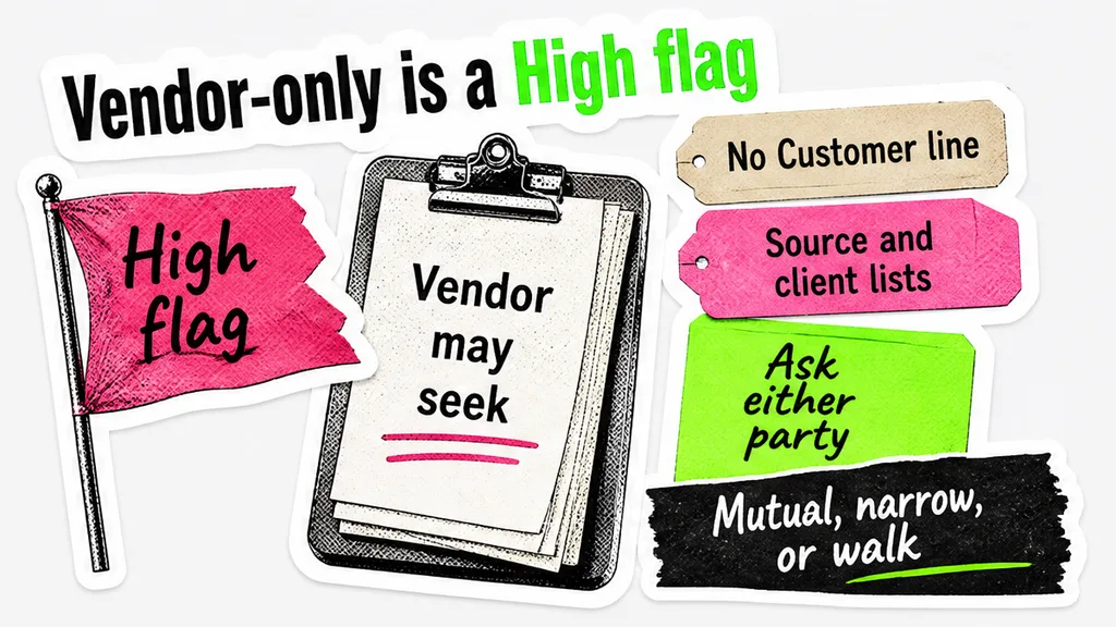 Vendor-only injunctive relief flagged while the buyer uploads source and client lists