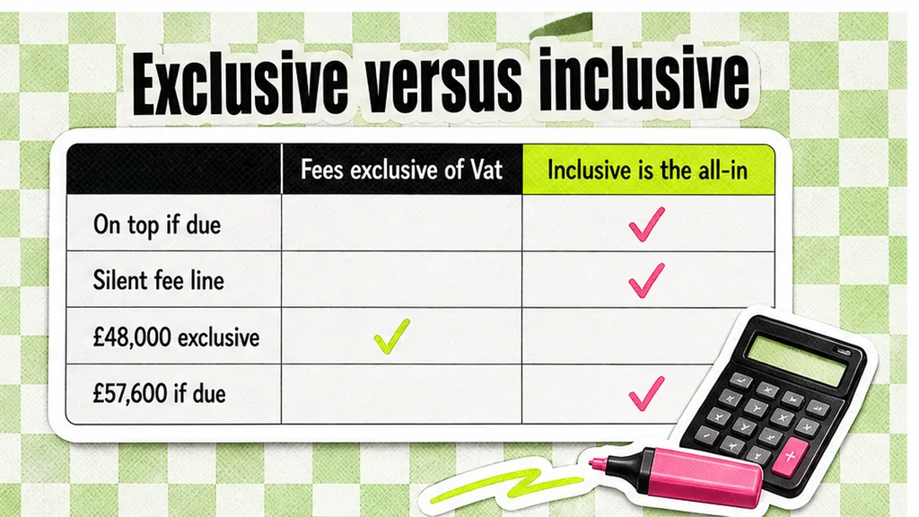 Order-form fee line with a VAT-exclusive box next to £48,000 and an all-in column