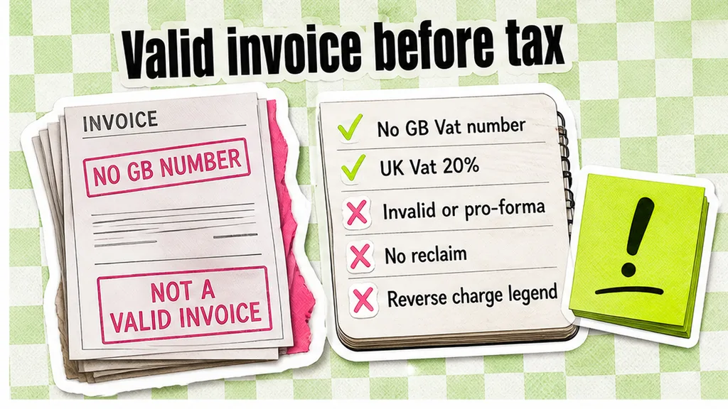 Sample invoice adding UK VAT with no GB VAT number versus a valid VAT invoice checklist