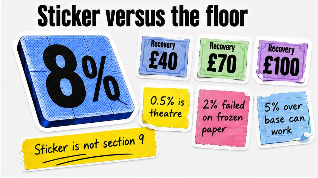 Statutory 8% floor plus recovery sums versus a substantial-remedy sticker that is not section 9