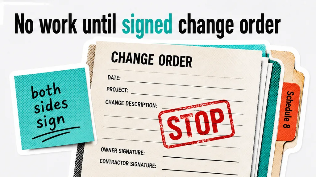 Unsigned change-order form blocked by stop stamp; sticky says both sides sign