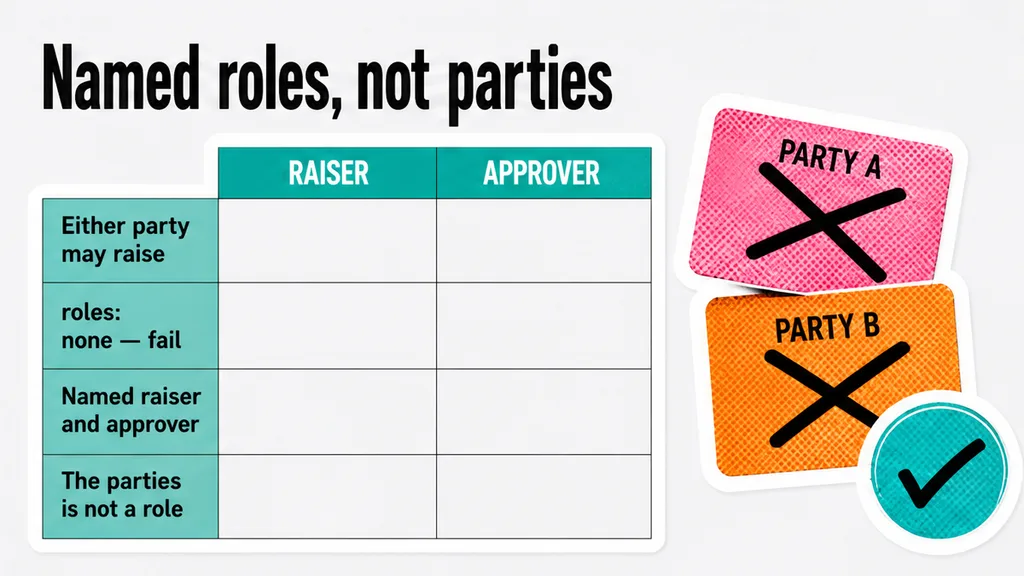 Named raiser and approver cards versus the-parties fail stamp