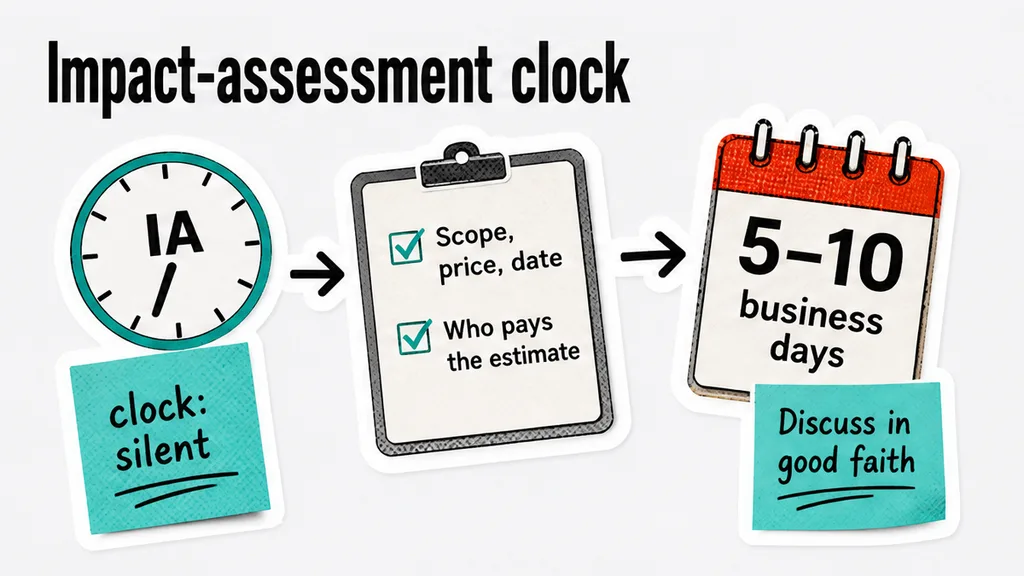 Impact-assessment clock covering scope, price, date, and who pays