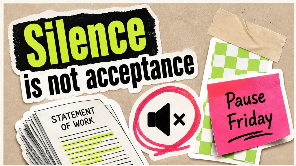 Editorial collage: silence is not acceptance — UAT deemed-acceptance pause before Friday go-live