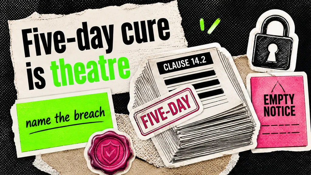Five-day cure stamp on MSA clause stack with name-the-breach sticky, no face
