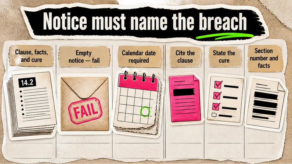 Comparison: notice must name clause, facts, and cure versus empty breach letter