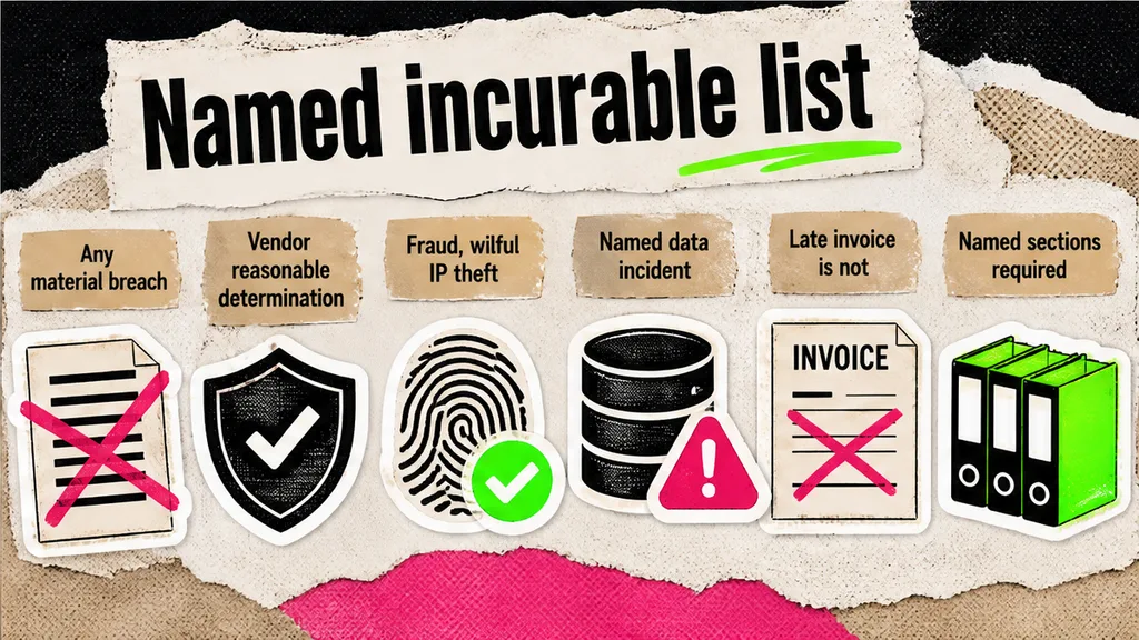 Checklist: named incurable list versus Vendor any-material-breach discretion