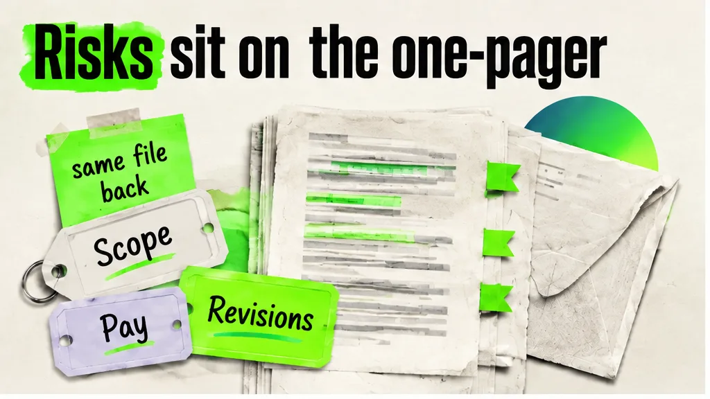 Freelance one-pager with flags on scope, pay and revisions, no face