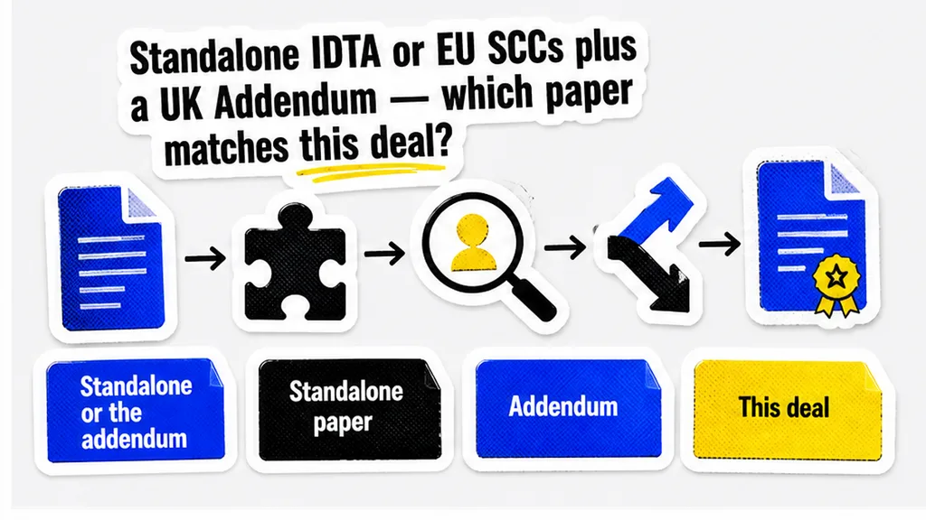 Workflow diagram: Standalone IDTA or EU SCCs plus a UK Addendum — which paper matches this deal?