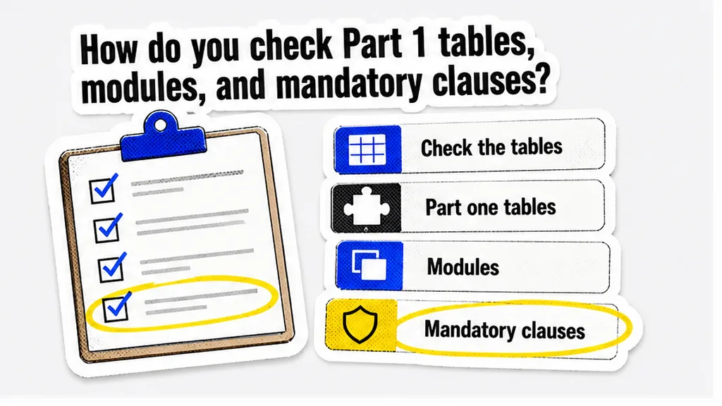 Checklist board: How do you check Part 1 tables, modules, and mandatory clauses?