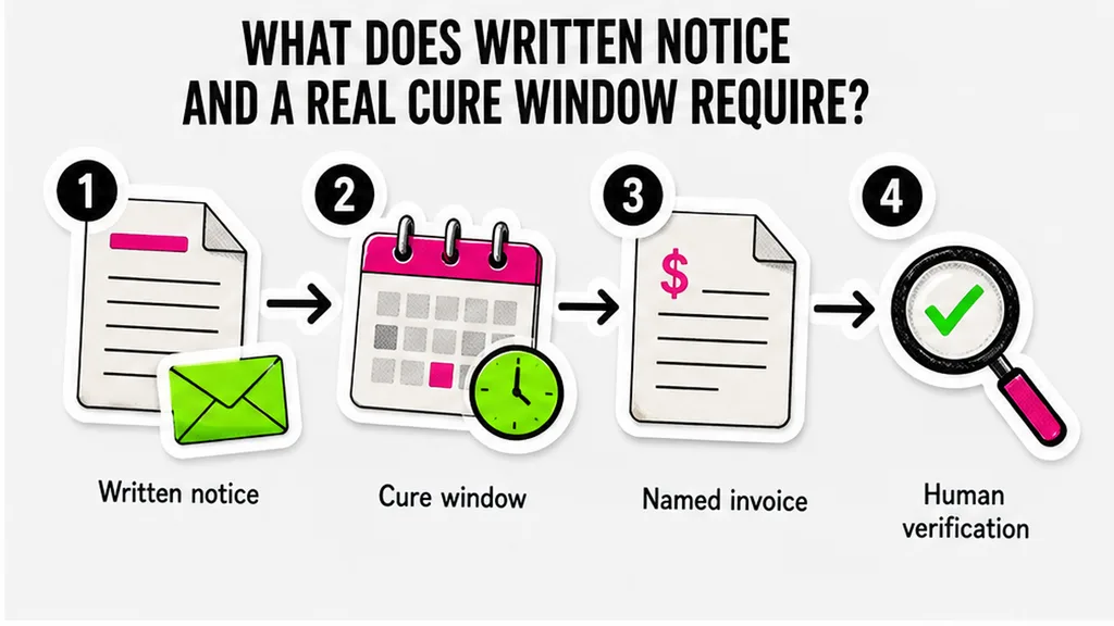 Workflow diagram: What does written notice and a real cure window require?