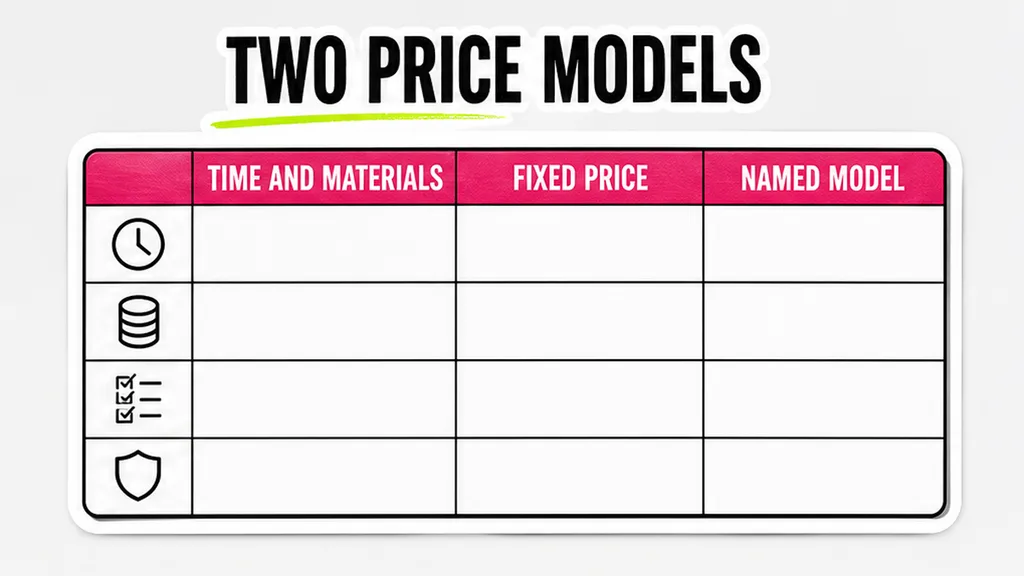 Comparison table: What does time-and-materials versus fixed-price put on each side?