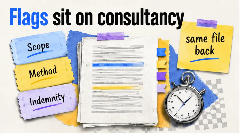 Consultancy draft with flags on scope, method and indemnity, no face