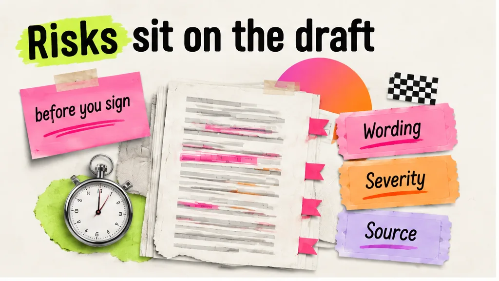 Contract draft with flags on wording, severity and source, no face